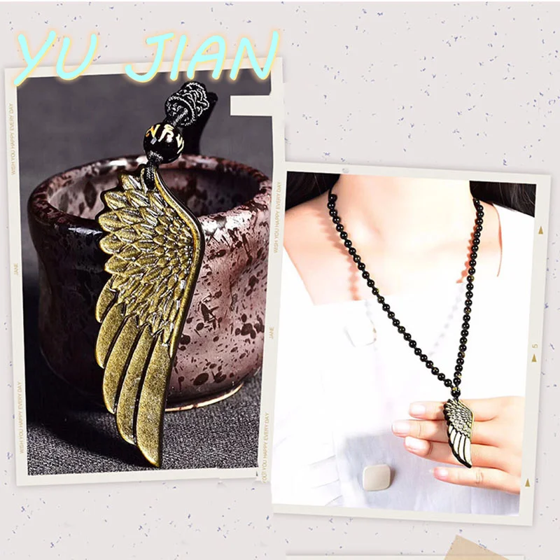 Exquisite Gold Obsidian Angel Wing Feather Pendant Ladies Men's Fashion Necklace Natural Crystal Stone Handmade Jewelry