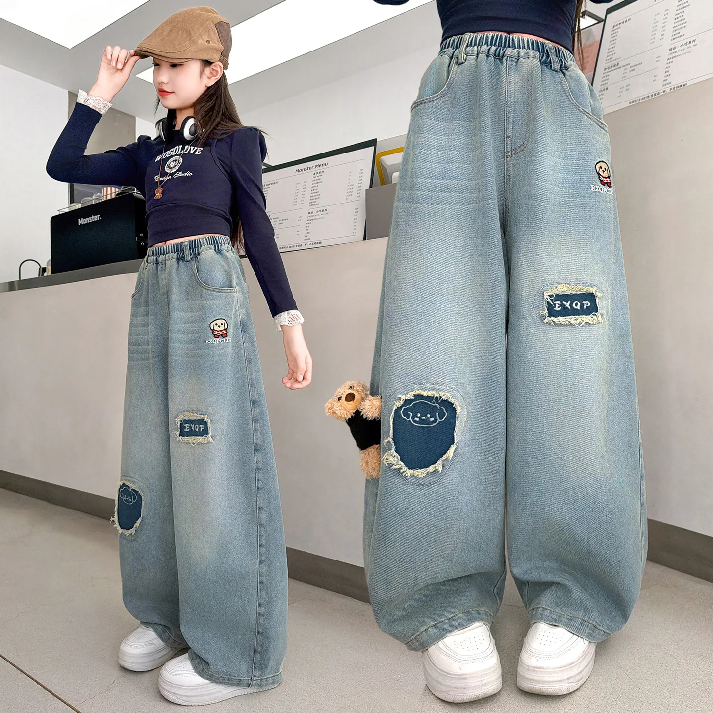 Spring Autumn Girls Denim Pants Cartoon Loose Straight Casual Jeans For 4-14Years Kids Children Soft Trousers send puppy pendant