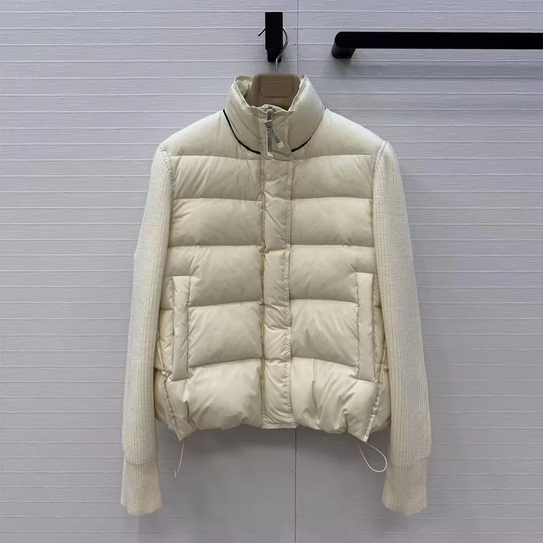 Old Money Style Vintage White Duck Down Coat Women Turtleneck Knit Long Sleeve Patchwork Drawstring Waist Design Casual Jacket