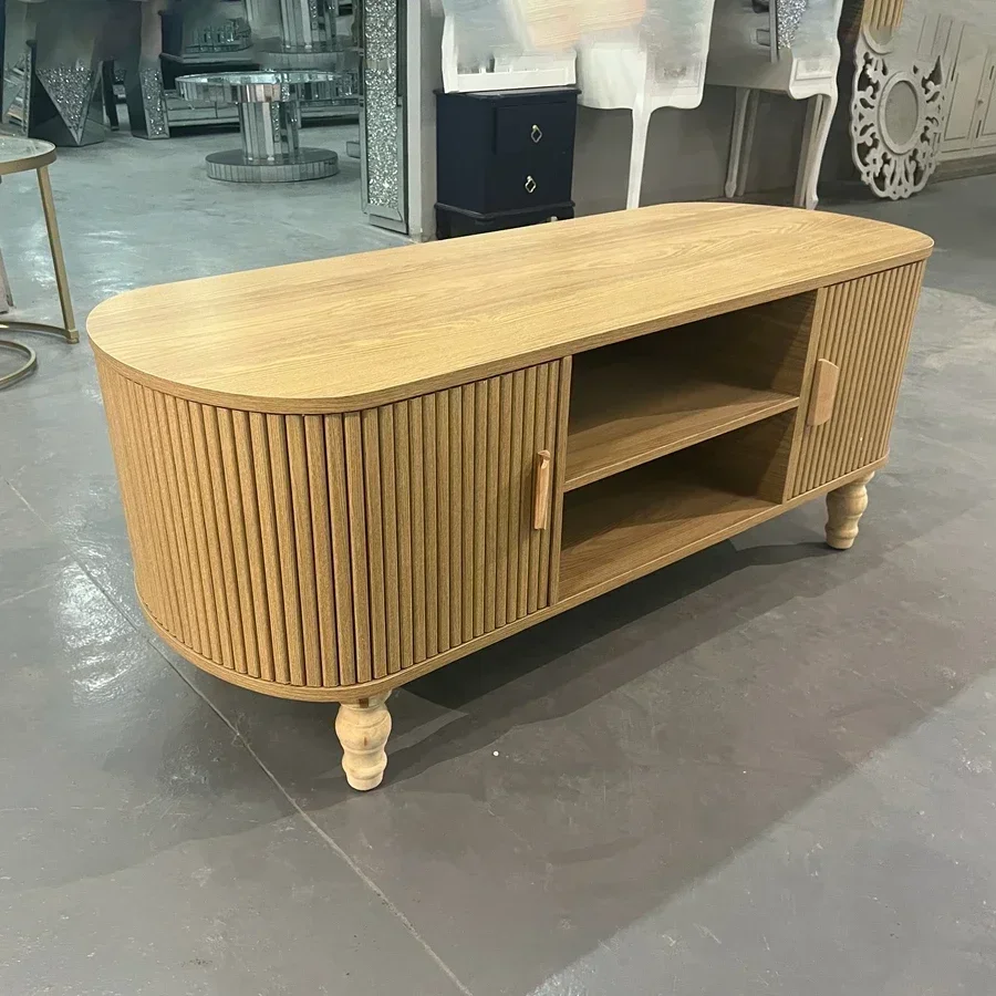 

Modern Wooden TV Cabinet with Two Sliding Doors One Rack Contemporary Living Room Bedroom Home Furniture with Storage Features