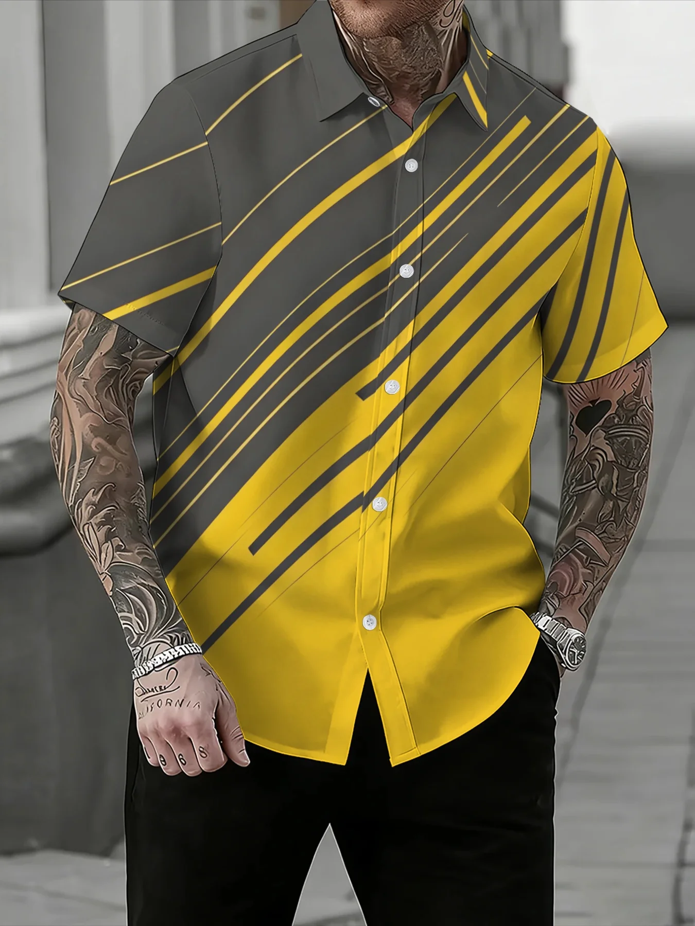 Color Block Grey Yellow Diagonal Line Print Mens Shirt, Regular Fit Lapel Short Sleeve Button-up Shirts for Outdoor Daily Outing