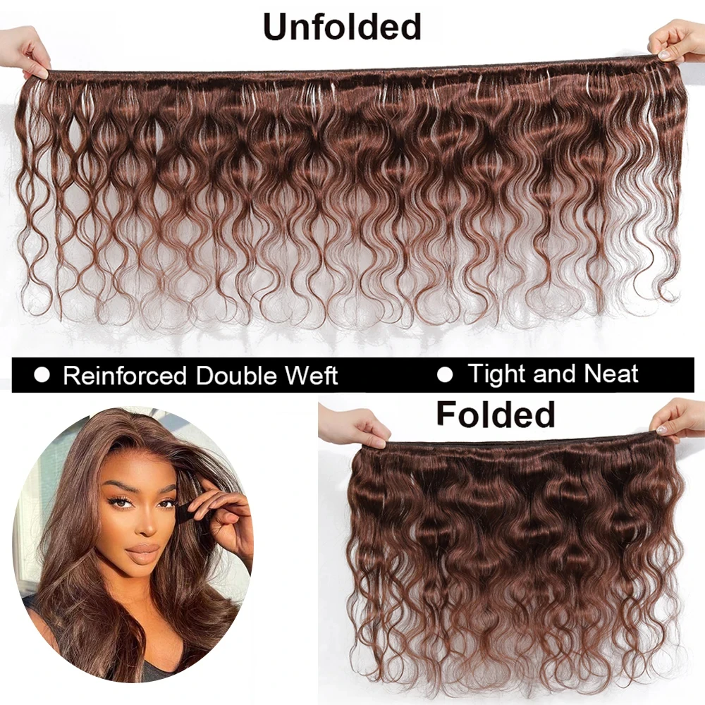 Onda do corpo Pacotes de cabelo humano com fecho, 13x4 Lace Frontal Encerramento Extensão, Castanho Chocolate, Colorido, #4