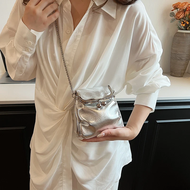 LEFTSIDE Silver Mini PU Leather Buckle Design Chinese Style Crossbody Bags for Women 2024 Y2k Shoulder Bag Handbags and Purses