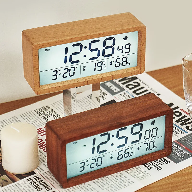 Solid Wood Multi-functional Alarm Clock, Minimalist Temperature and Humidity Night Light Clock, Large-screen Bedside Clock