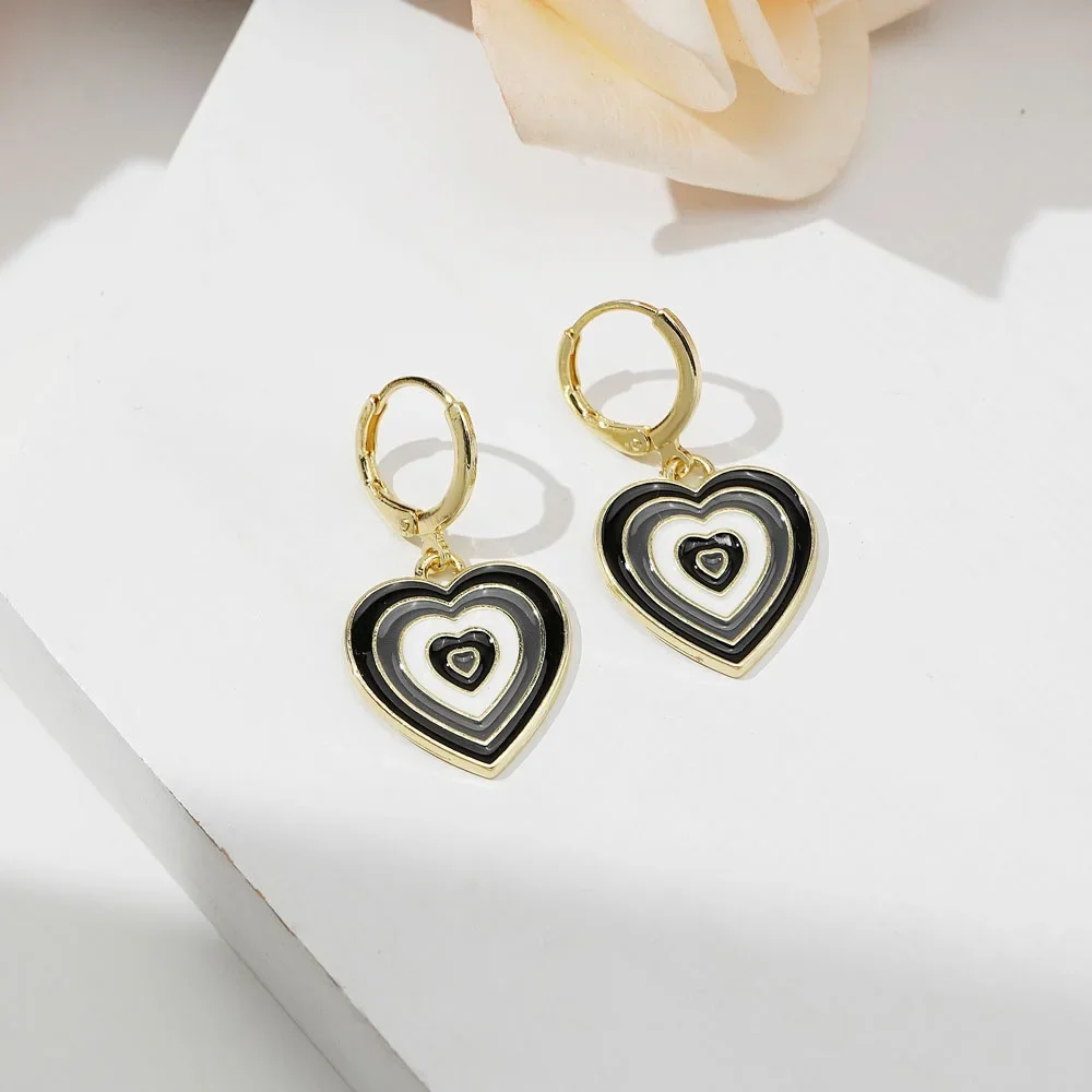 Enamel Multilayer Circle Heart Shaped Dangle Earring for Women Black White Gray Jewelry Temperament Kids Christmas New Year Gift