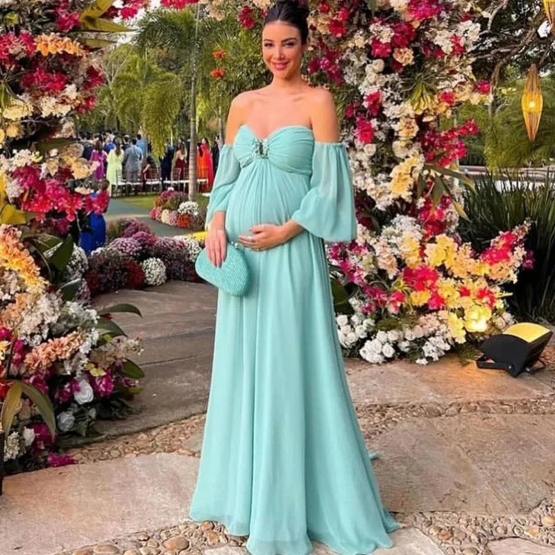 

Mint Blue Chiffon Pregnant Dresses Empire Long Evening Formal Gowns Floor Length Met Gala Night Party Robe Vestido De Noche