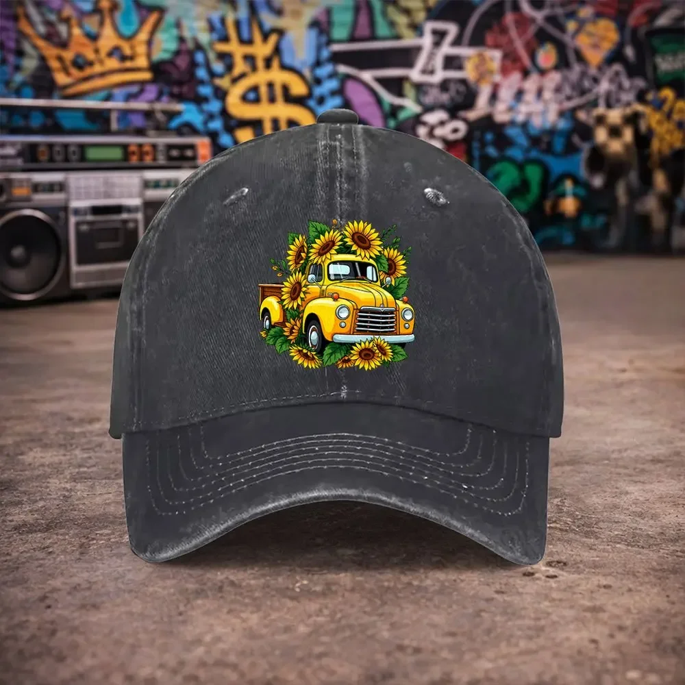 1pc Unisex Sunflower Vintage Truck Washed Baseball Cap - Men's Trendy Hat - Versatile Duckbill Cap - Fun Print - A Unique Birthd