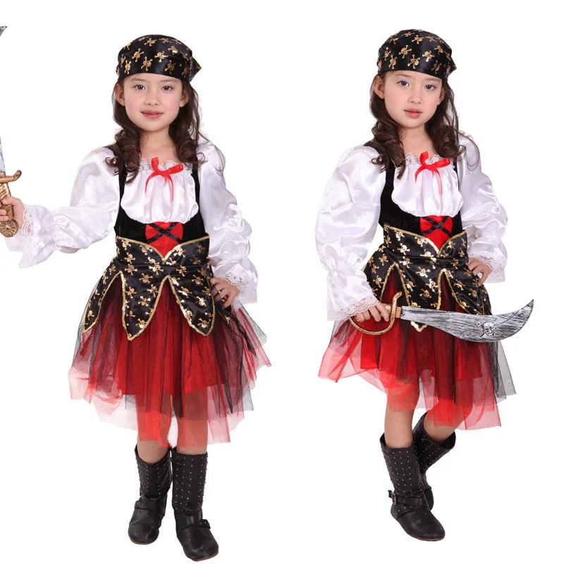 Caribbean Pirate Cosplay Outfit Children Captain Cosplay Set Kids Buccaneer Costumes Girl Party Corsair Performance Clothes