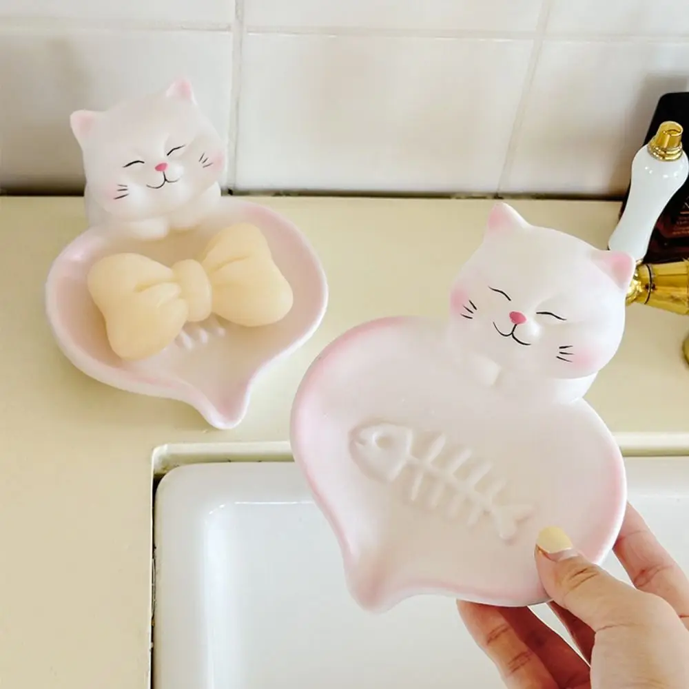 

Premium Non-Slip Base Cat Soap Dish Pastel Pink White With Drainage Soap Container Adorable Cat-shaped Soap Holder Household Use