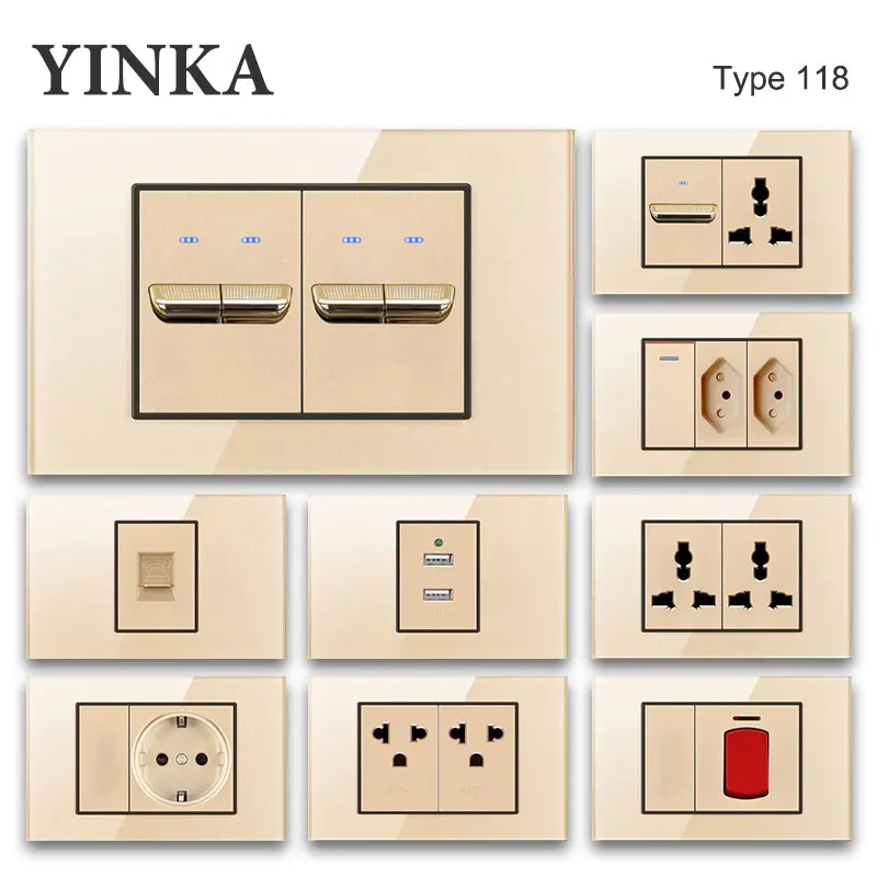 YINKA-Joli d'éclairage mural en verre trempé, prise USB pour touristes, prise UE, prise brésilienne, norme américaine, 220V, prise gradateur, 118mm x 72mm