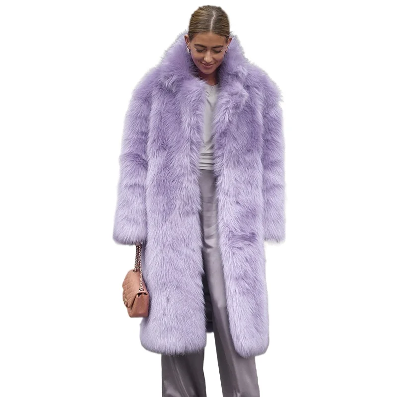 

Lavender Faux Fur Coat Women Winter Plush Jacket Lapel Long Fluffy Coats 2024 New in Fuzzy Outerwears Artificial Fox Fur Jackets