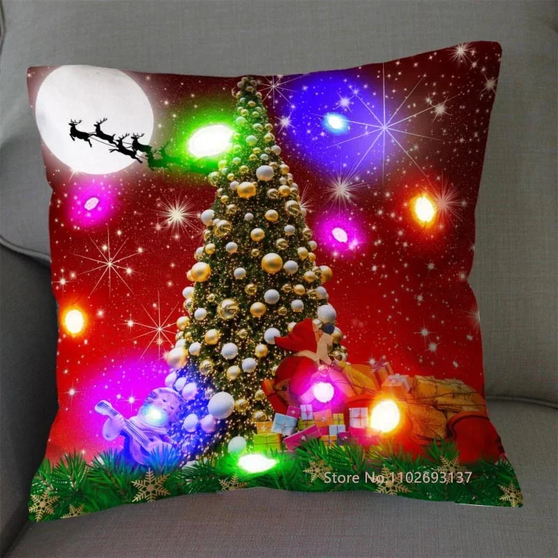 LED Light Christmas Tree Pillow Cushions Cover Elk Snowflake Xmas Lantern Christmas Glow Pillowcase Winter Holiday Decoration