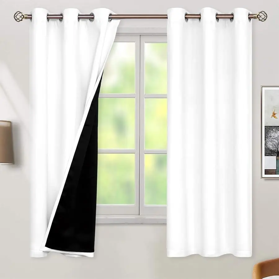 

White Blackout Curtains 63 Inch Long - Black Out Curtains for Bedroom Thermal Insulated Grommet Total Room Darkening Window Drap