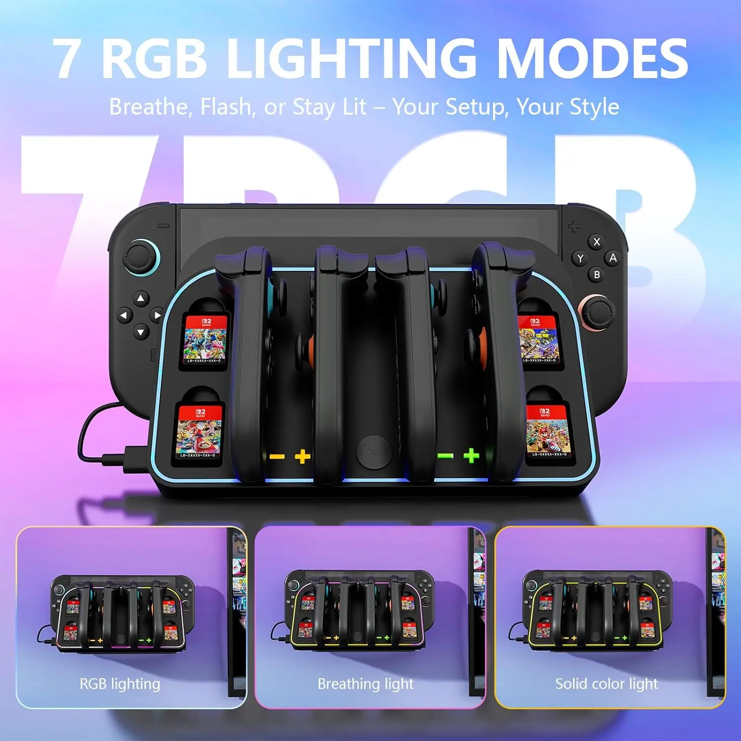 قاعدة شحن مثبتة على الحائط لجهاز نينتندو سويتش 2 2025 - مع محطة شاحن Joy Con المغناطيسية RGB مع 4 حامل تخزين لبطاقات الألعاب