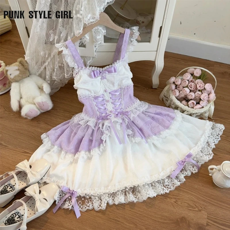 Mädchen süße y2k Prinzessin Mini kleid Frauen Harajuku japanische kawaii lolita jsk Kleid niedlichen Spitze Bogen Abend party Rüschen Kleider