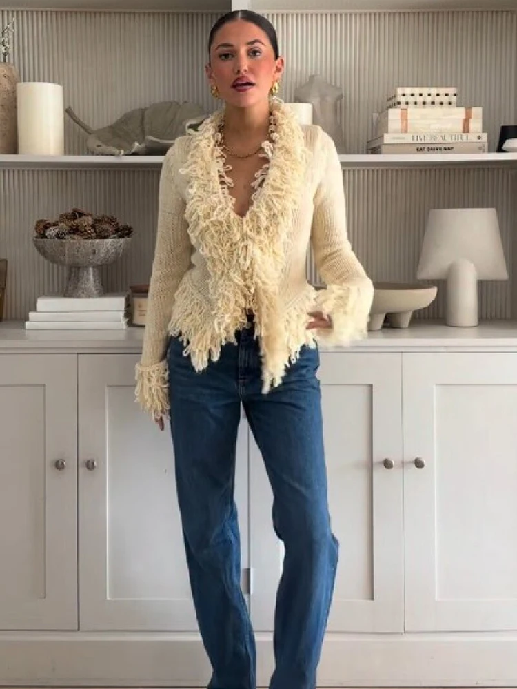 Chic Solid V‑neck Fringe Trim Fitted Knit Cardigan Long Flared Sleeve Open Front Top Casual Fall Street Ladies Outer Outfit New