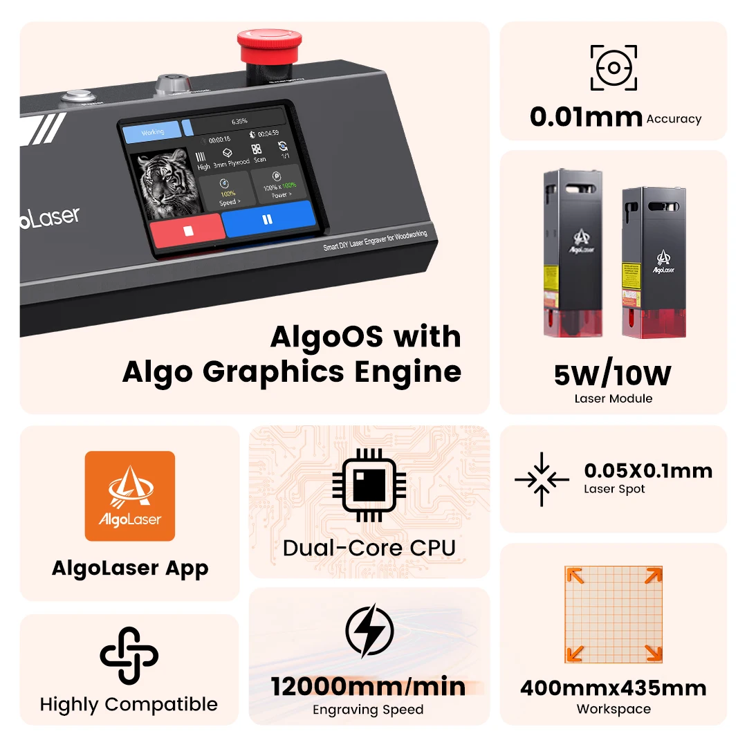 AlgoLaser DIY KIT MK2 10W Laser Engraver Cutter with 3.5'' Touch Screen Smart Laser Engraving Machine for Wood Metal Acrylic