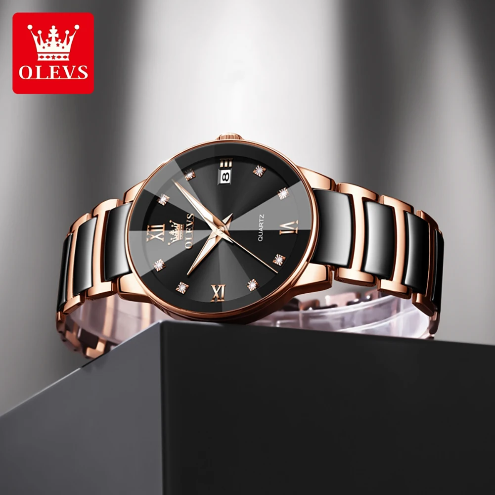 OLEVS 7114 Quartz Movement Watch Men Women Ceramic Steel Bracelet Calendar Window Luminous Function 30m Waterproof Classic Watch