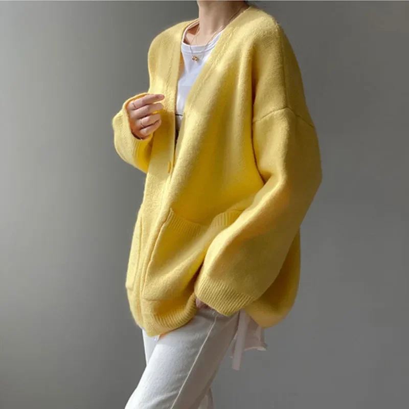 Solid Soft Knitted Cardigan Sweater Women Oversized Casual V-Neck Long Sleeve Coats Elegant Temperament Warm Jumper