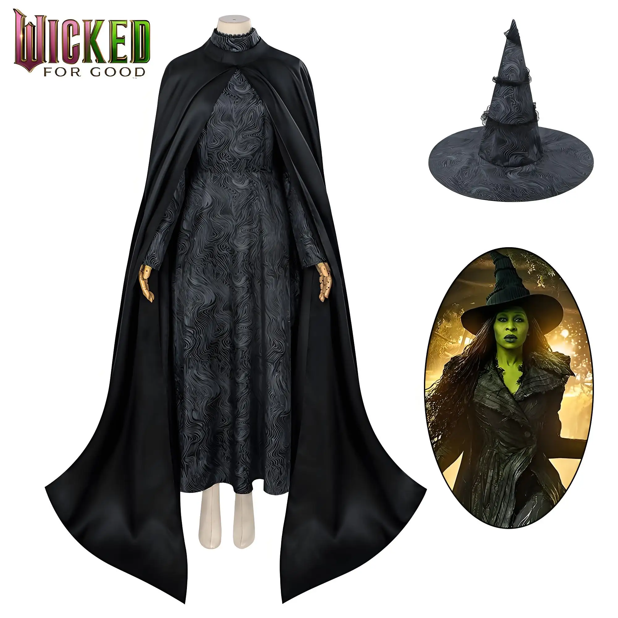 السحرية الشريرة معالج زي تأثيري فستان أسود طويل مع قبعة هالوين كرنفال حفلة عيد الميلاد لعب دور الملابس الملابس #1