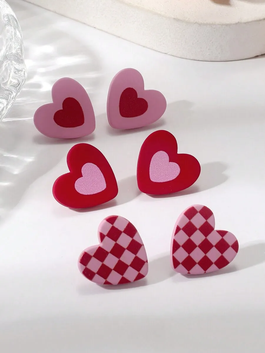 3 Pairs Pink And Red Heart Acrylic Stud Earrings With Checkerboard Design For Valentines Day Gift