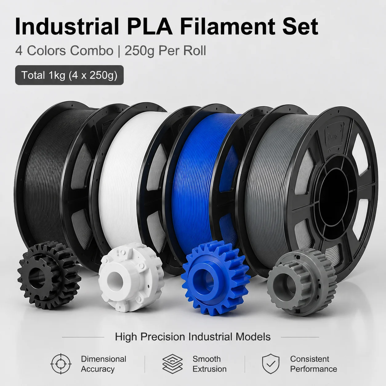 1.75mm High Precision PLA 3D Filament Bundle ±0.02mm, 4×250g Reusable Spools Total 1KG Grey Black White Blue