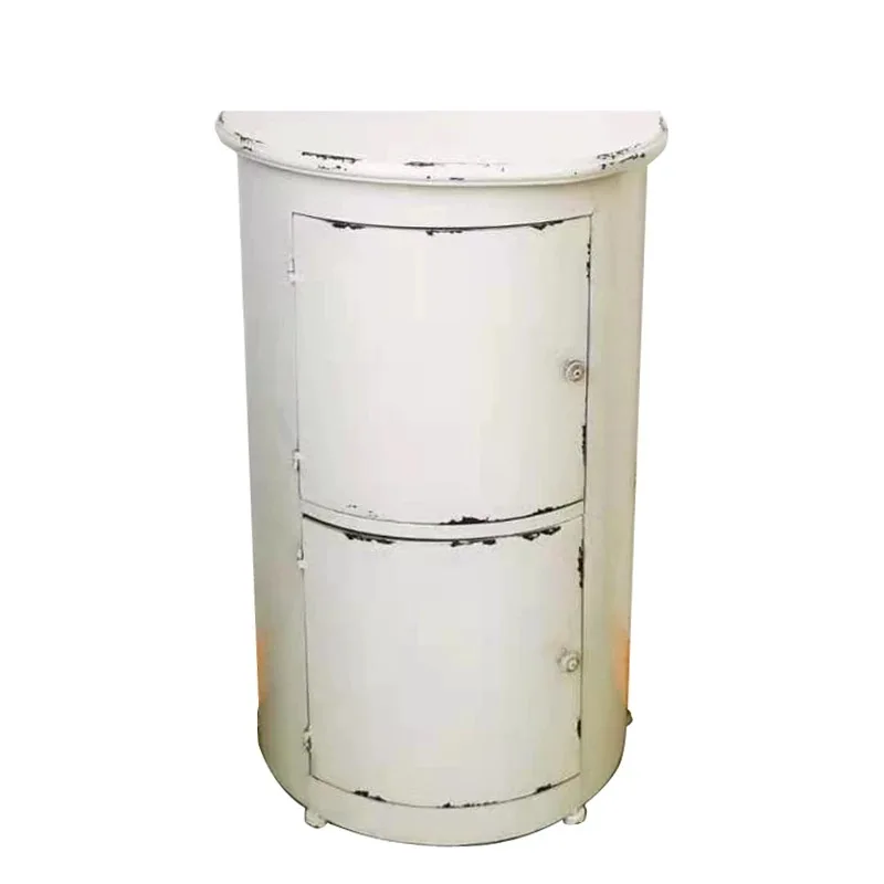 

Vintage Cylindrical Storage Cabinet, White Distressed Metal, Double Door Design, Floor Mount, French Country Style