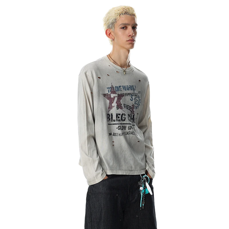 LUZHEN 2026 Autumn New Trendy Vintage Style Wornout Tie-dyed Design Round Neck T-shirts Men's Handsome Casual Male Tops JY8332