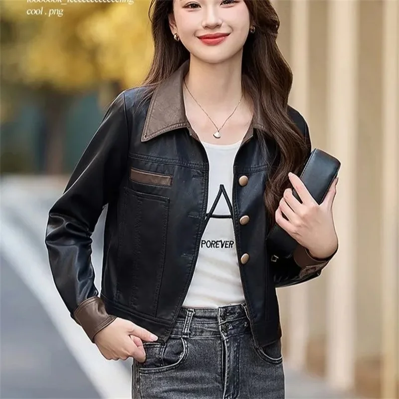 Fashion Short Motorcycle Leather Jacket Women's New 2025 Spring Autumn Street Feng Washable Leather PU Leather Coat Top