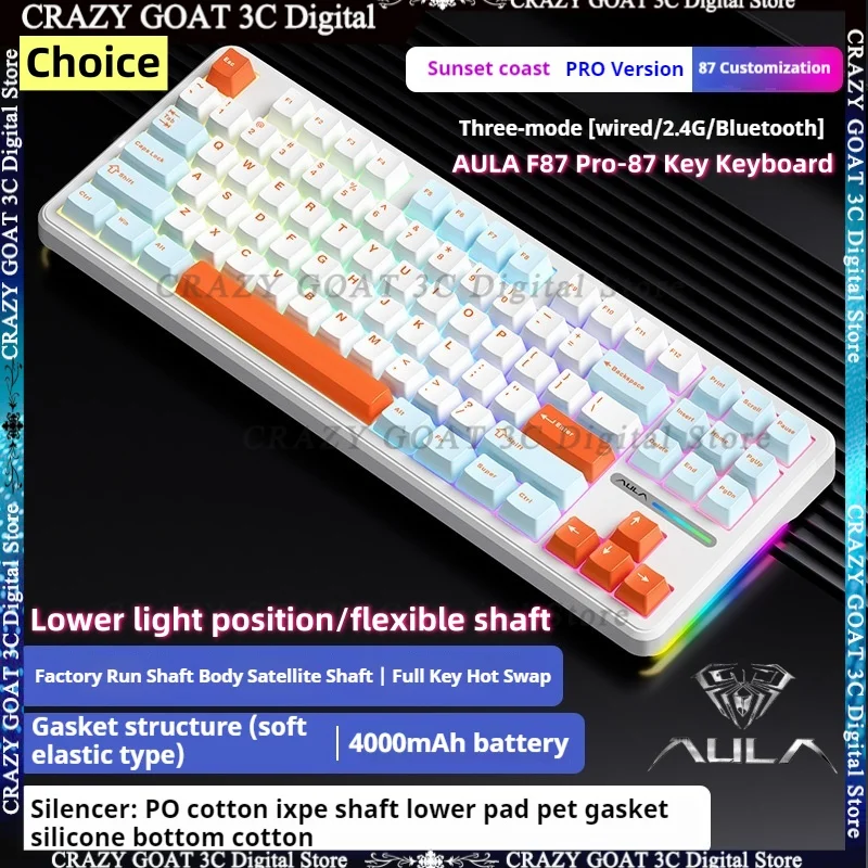 AULA F87 Pro Mechanical Keyboard 2.4G/USB/Bluetooth Wireless 3 Mode RGB 80% Layout Keyboard Hot Plug Game Customization Keyboard