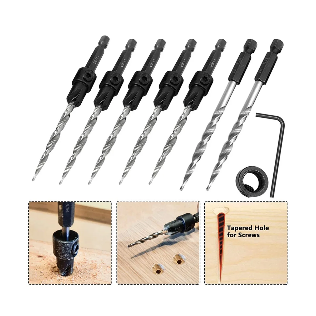 5Pcs Wood Countersink Drill Bit Set with 2Pcs Counter Sinker Replacement Tapered Drill Bit for Drilling Pilot Hole