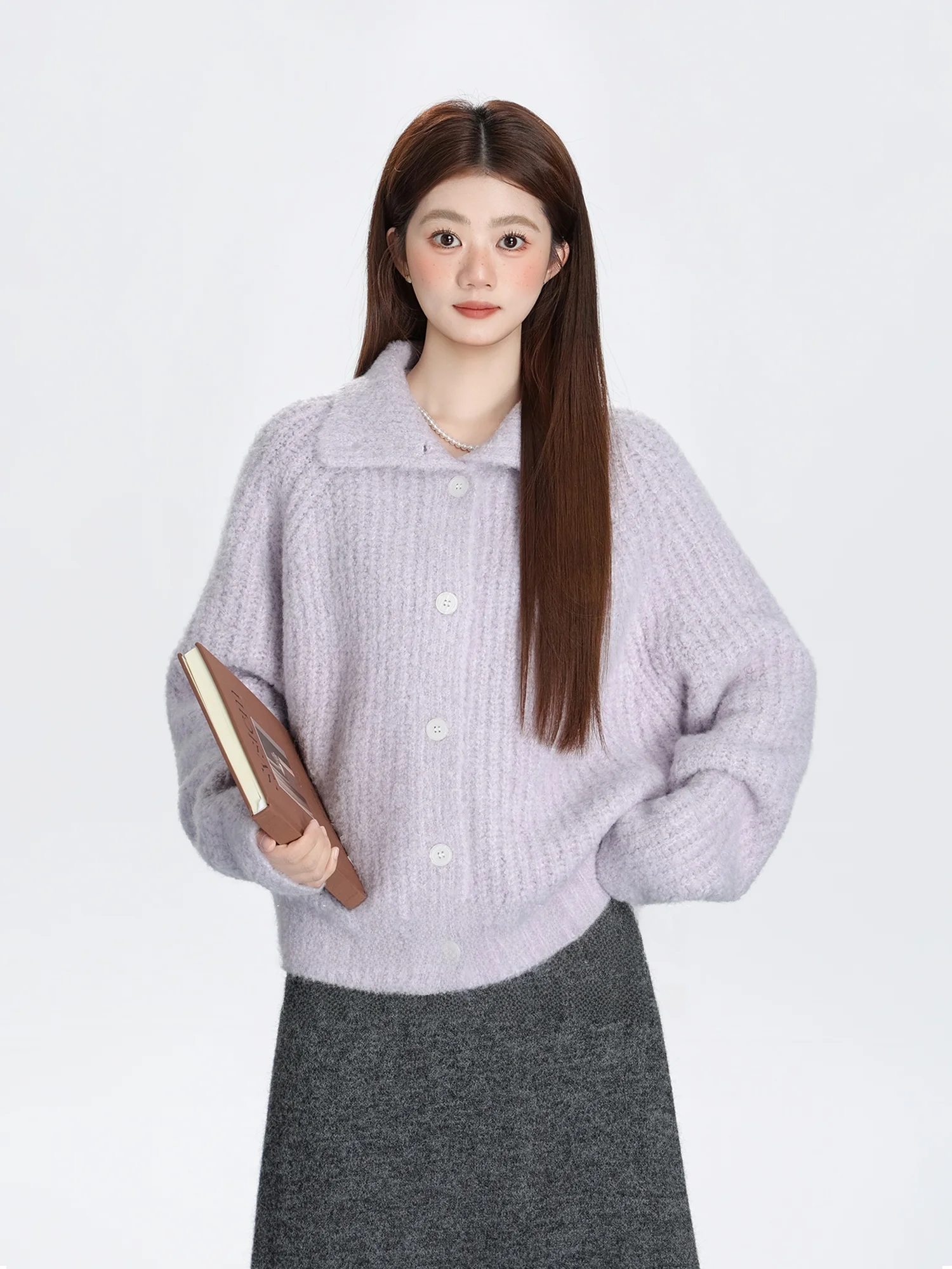 

Loose Fit Korean Sle Purple High Collar Knitted Sweater Coat Women Spring New Lazy Sle Open Cardigan Top