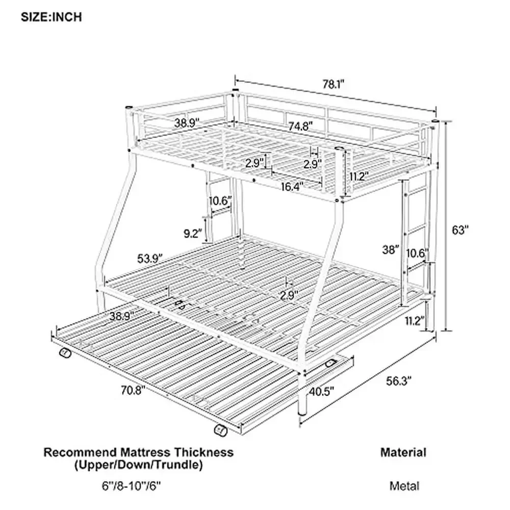 Triple Bunk Beds Twin Full Size Sturdy Steel Frame 2 Ladders Safety Wheeled White 78.1"L x 96.8"W x 63"H image 2