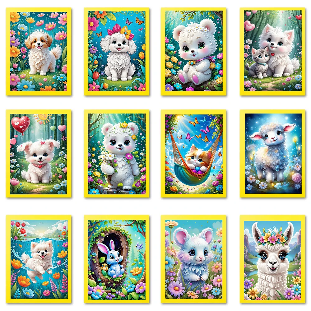 5D Diamond Cute Animals With Colorful Flowers Painting DIY Dog Cat And Rabbit Full Drills Mosaic Embroidery Cross Stitch Kits