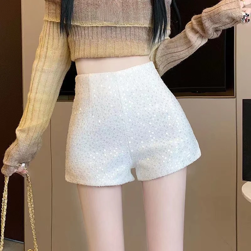 

Winter Fall Women High Waist Sequined White Black Slim Bling Bling Woolen Shorts , Autumn Fashion Korean Style Woman Wool Shorts