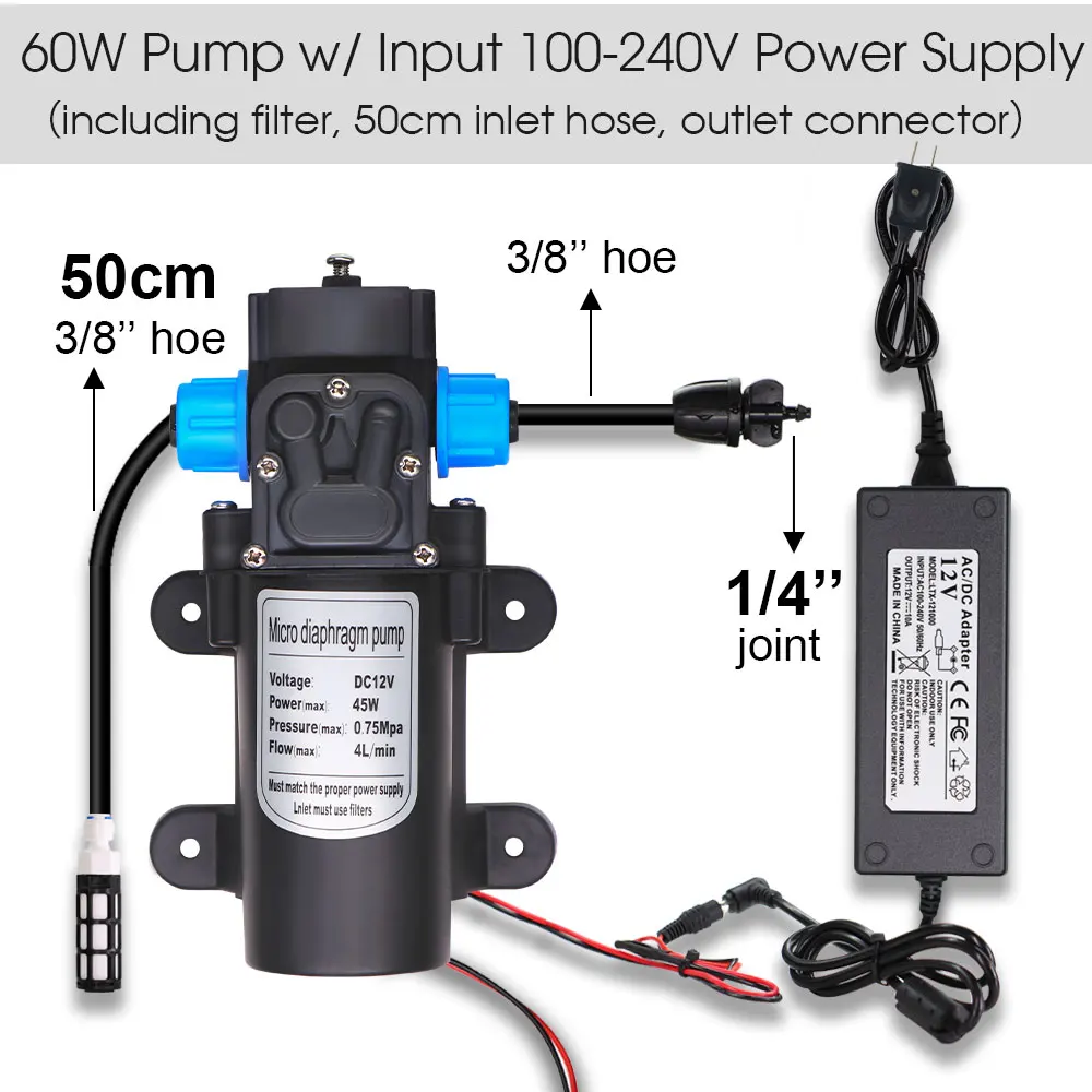 60W Self-Priming Pump Garden Drip Irrigation System Timing Power Supply 5-30M Mist Spray Watering Kits for Courtyard Greenhouse