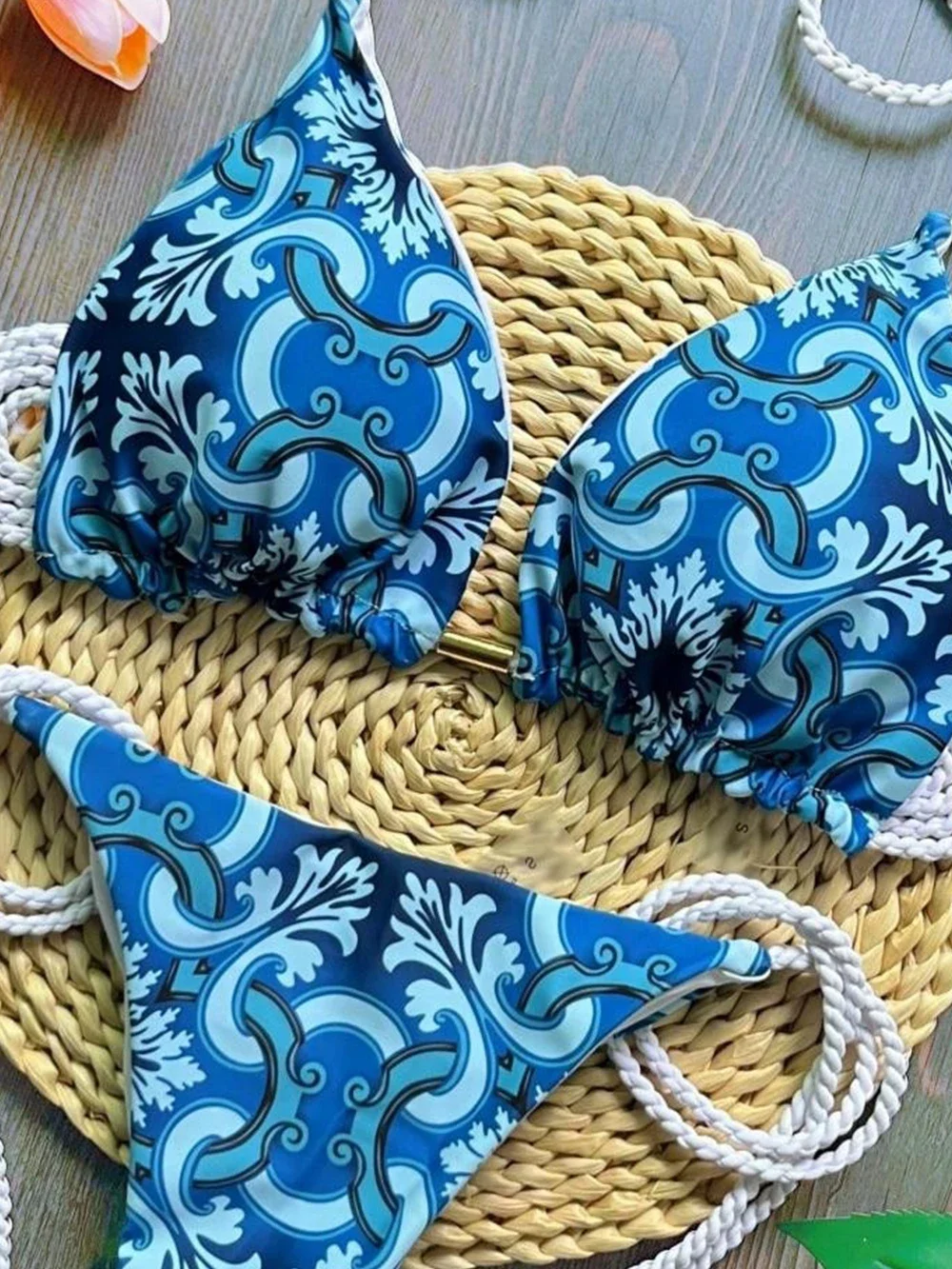 RUOTONSEPT 2024 Sexy Print Women's Swimsuit Braiding rope Bandage Bikinis Set Triangle Swimwear Bathing Suit Brazilian Biquinis