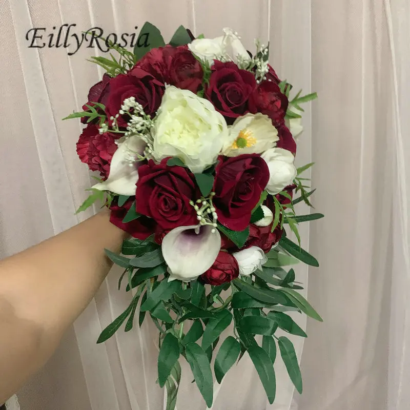 EillyRosia Merah Anggur Buket Pengantin Bunga Pernikahan Peony Air Mata Mengalir Buket Pernikahan untuk Pengantin Bunga Buatan