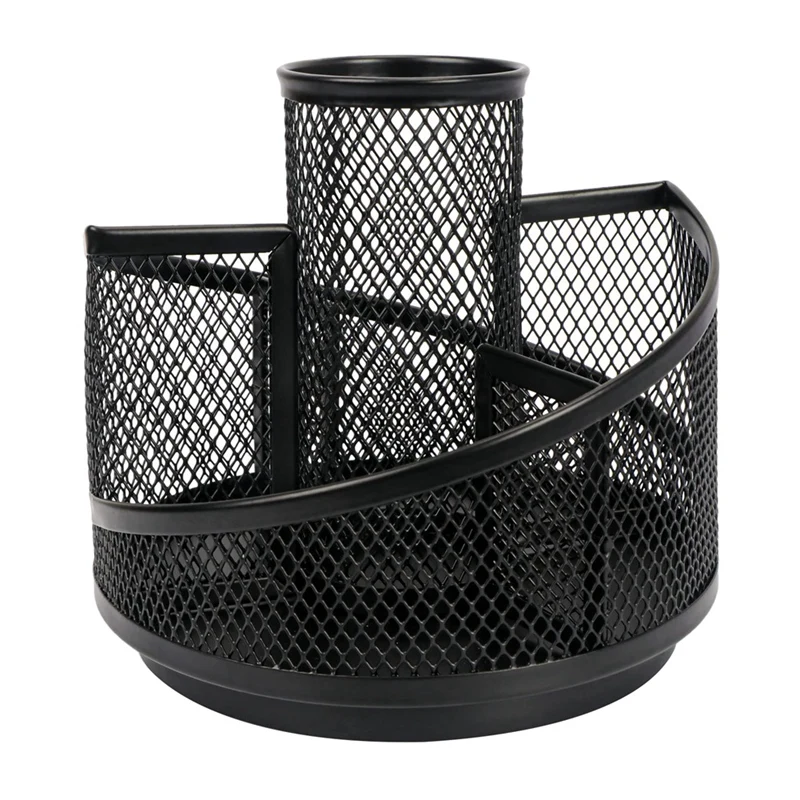 Pen Holder For Desk, Mesh Desk Organizer,360 Degree Rotation Rotating Black Metal Mesh Desktop Organizer, 5 Compartments