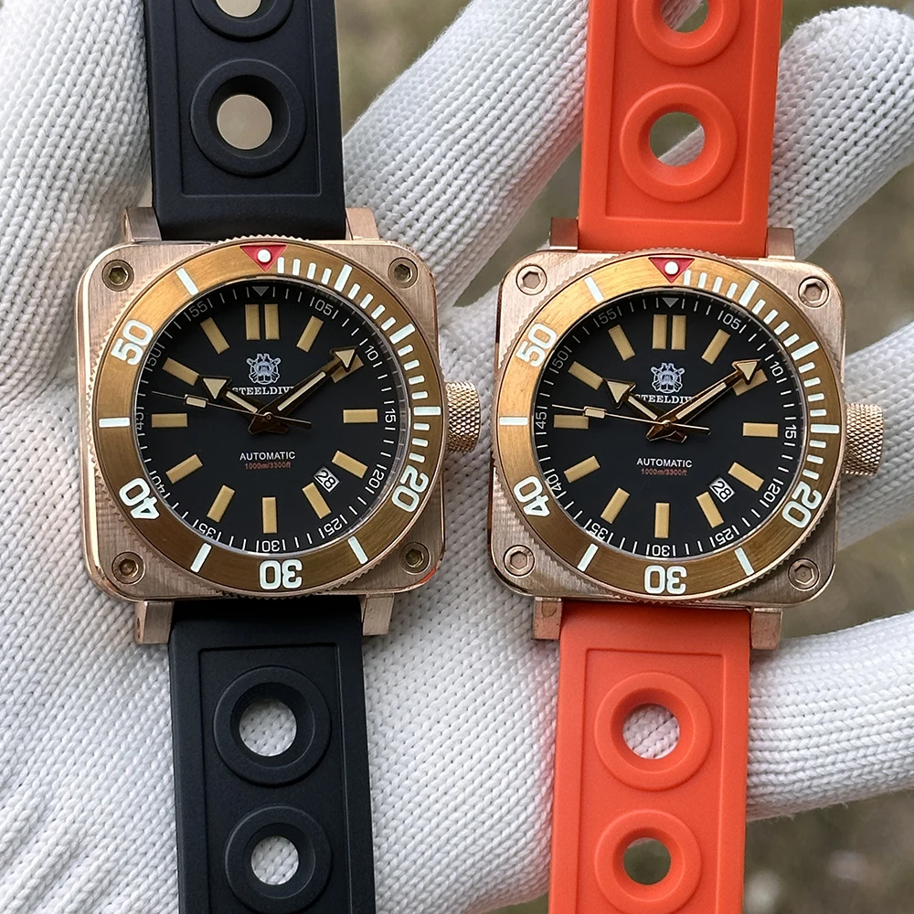 STEELDIVE 남성 다이버 시계 45mm 청동 사각 자동 기계식 손목시계 100Bar 방수 발광 사파이어 미러 NH35