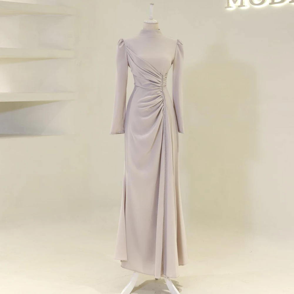 

Customized Muslim Evening Dress Luxury Elegant Robes De Soirée Mermaid Long Sleeves Formal Prom Gown Satin Beaded Abendkleider