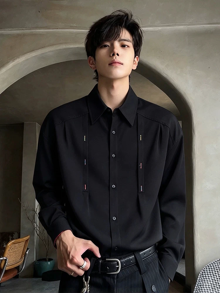 Black Embroidered Long Sleeve Shirt Men's Fashion Autumn High Intelligence Sensation American Style Model High-End Feeling Ha...