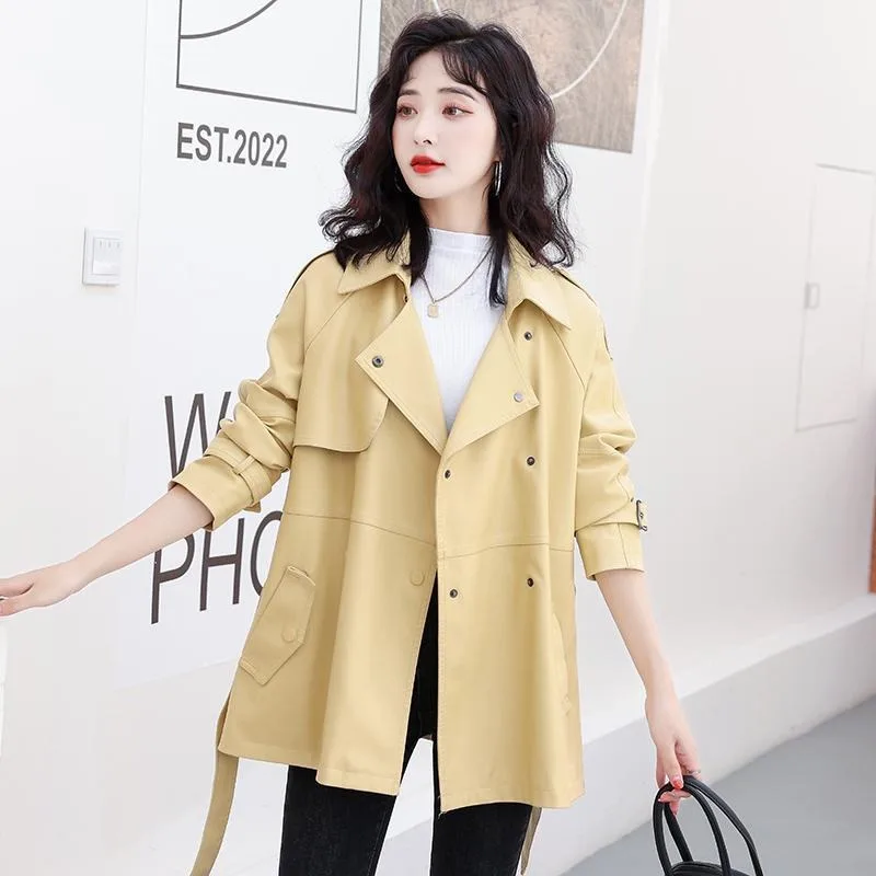 

2023 spring autumn new leather coat women loose thin short fashion sheep leather Leisure Short-Length cardigan jacket tide