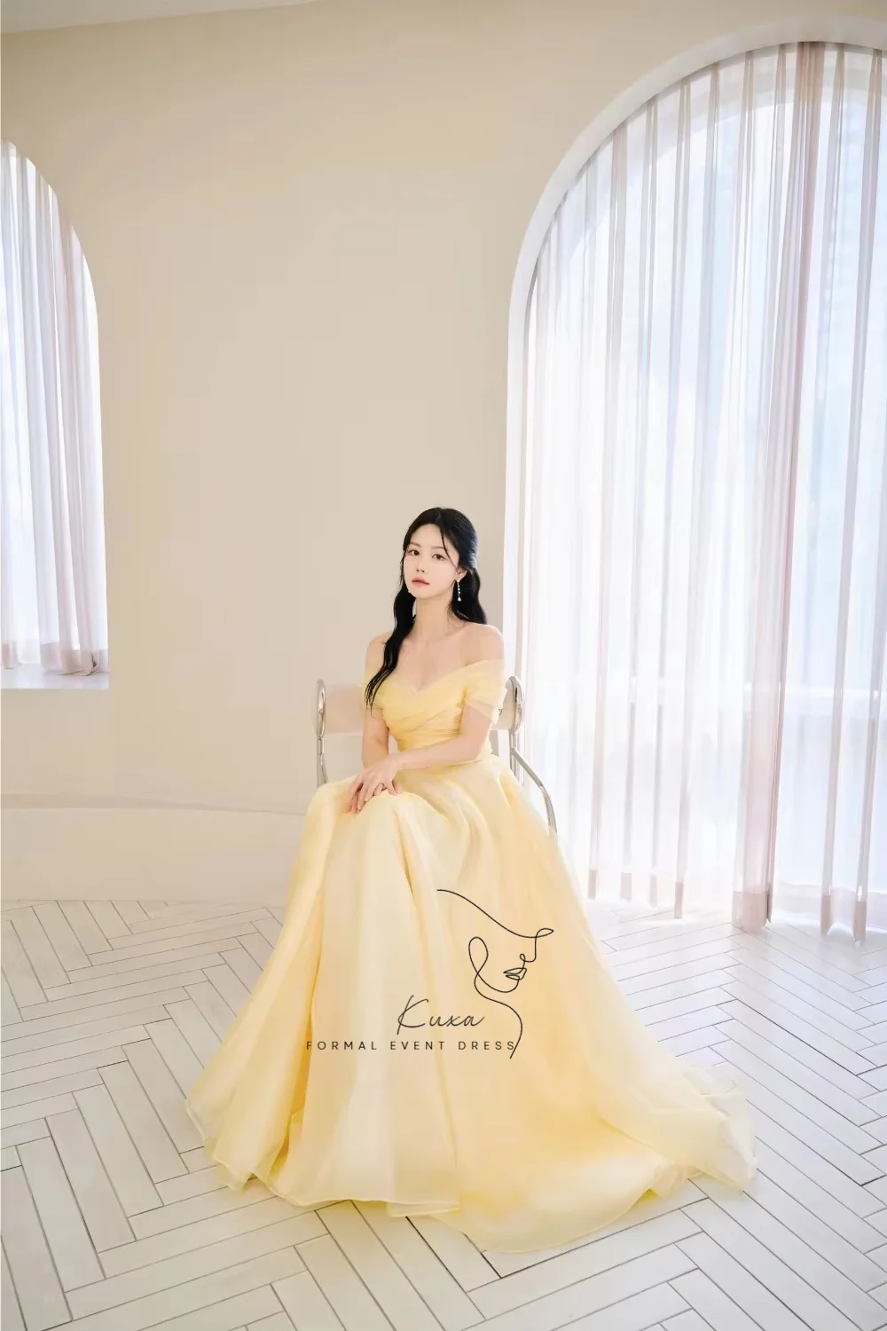 KUXA Customized Elegant A Line Yellow Korean Evening Dress Off the Shoulder Prom Gown Customized Playing Dress for Performance