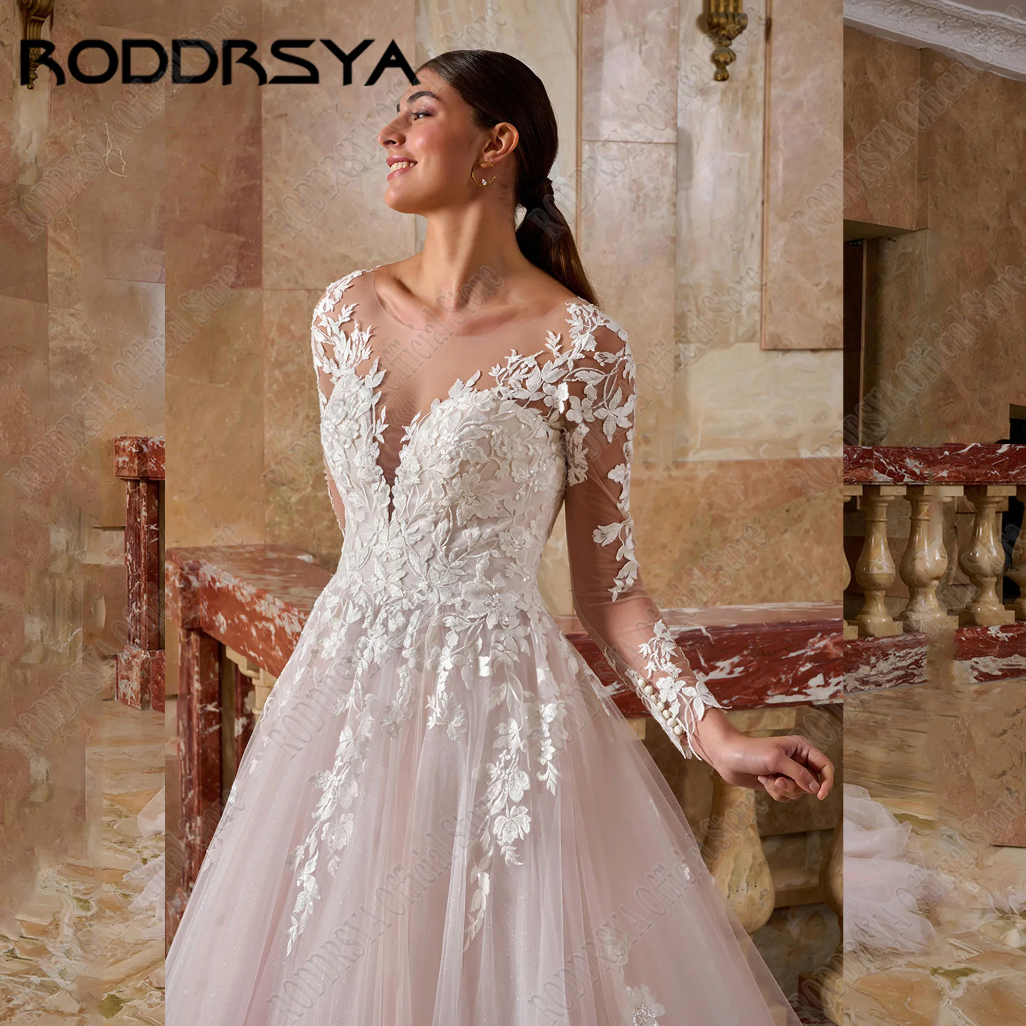 RODDRSYA Wedding Dress Long Sleeves Appliques Bridal Vestido De Noiva O-Neck A-Line Bride Gowns Button Back Plus Size Customized