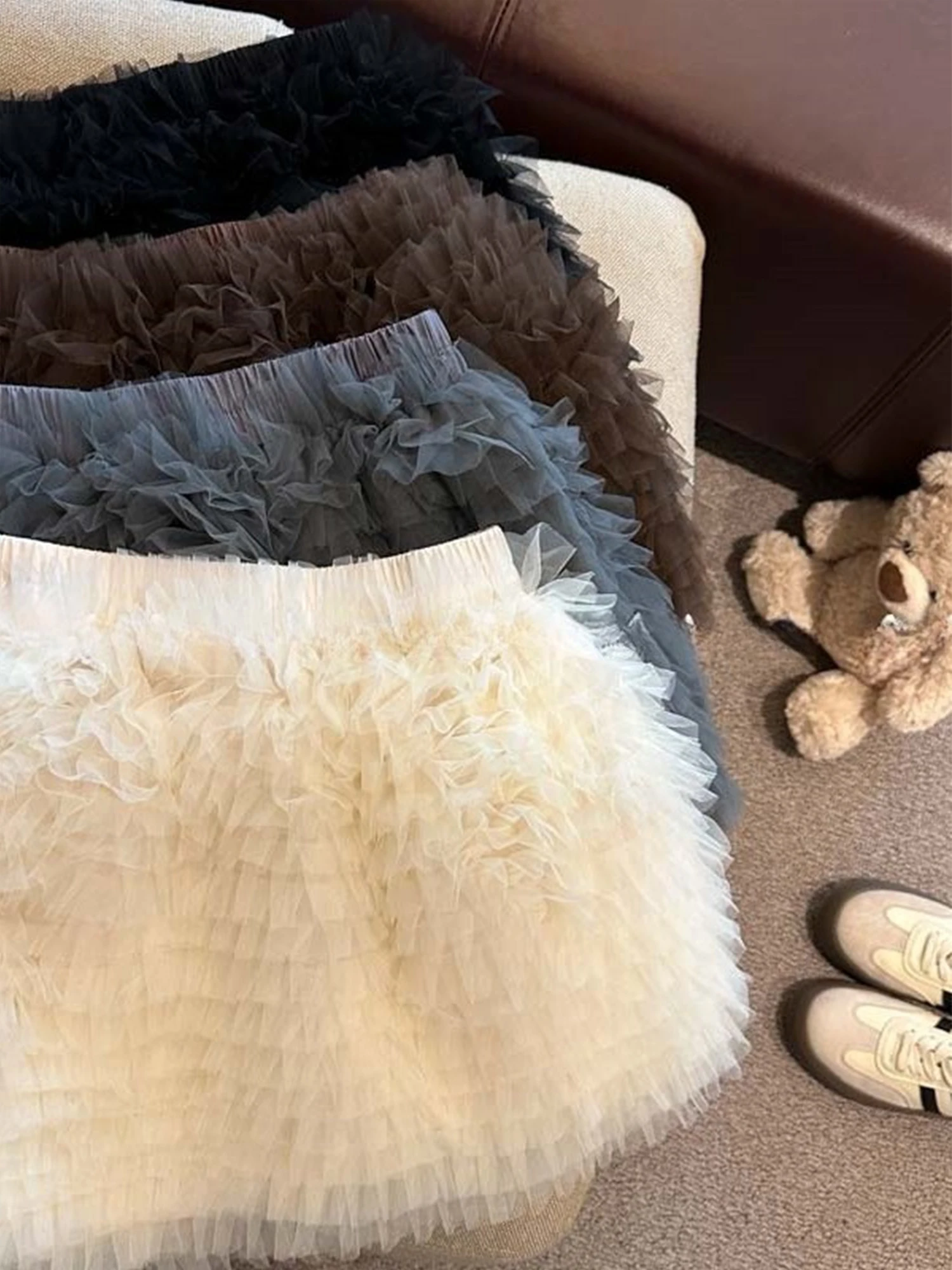 Women's Apricot Mini Wrap Skirt 2000s Vintage Korean Style Y2k Gyaru A-line Mesh Skirt Harajuku High Waist Skirts Clothes Summer