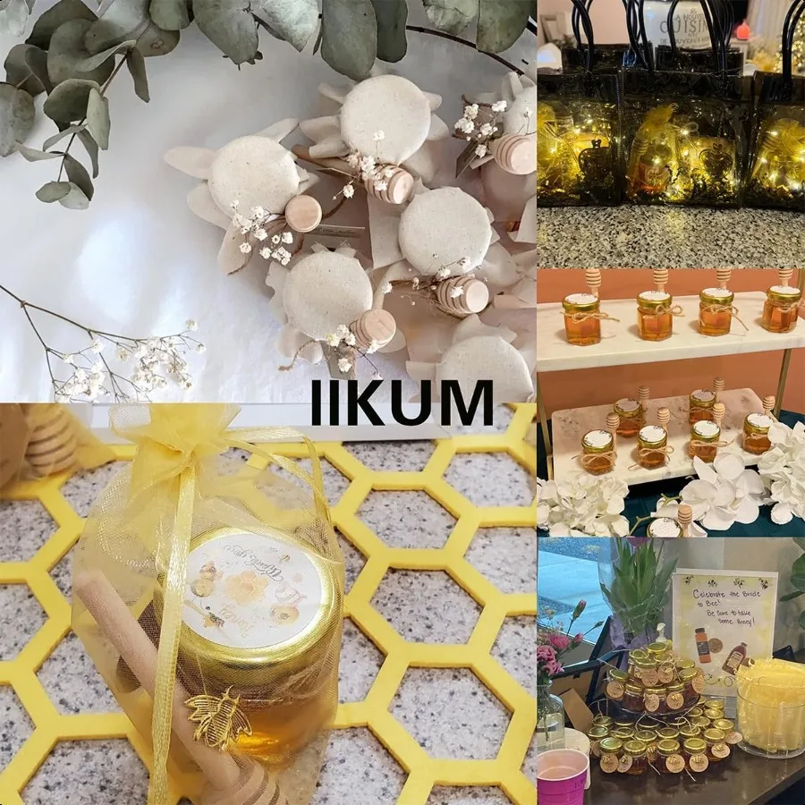 IIKUM 20 パック ガラス ハニー ジャー 1.5 オンス 六角形 ハニー ポット 蓋付き 木製ひしゃく 蜂ペンダント ギフトバッグ サンキューカード ジュート