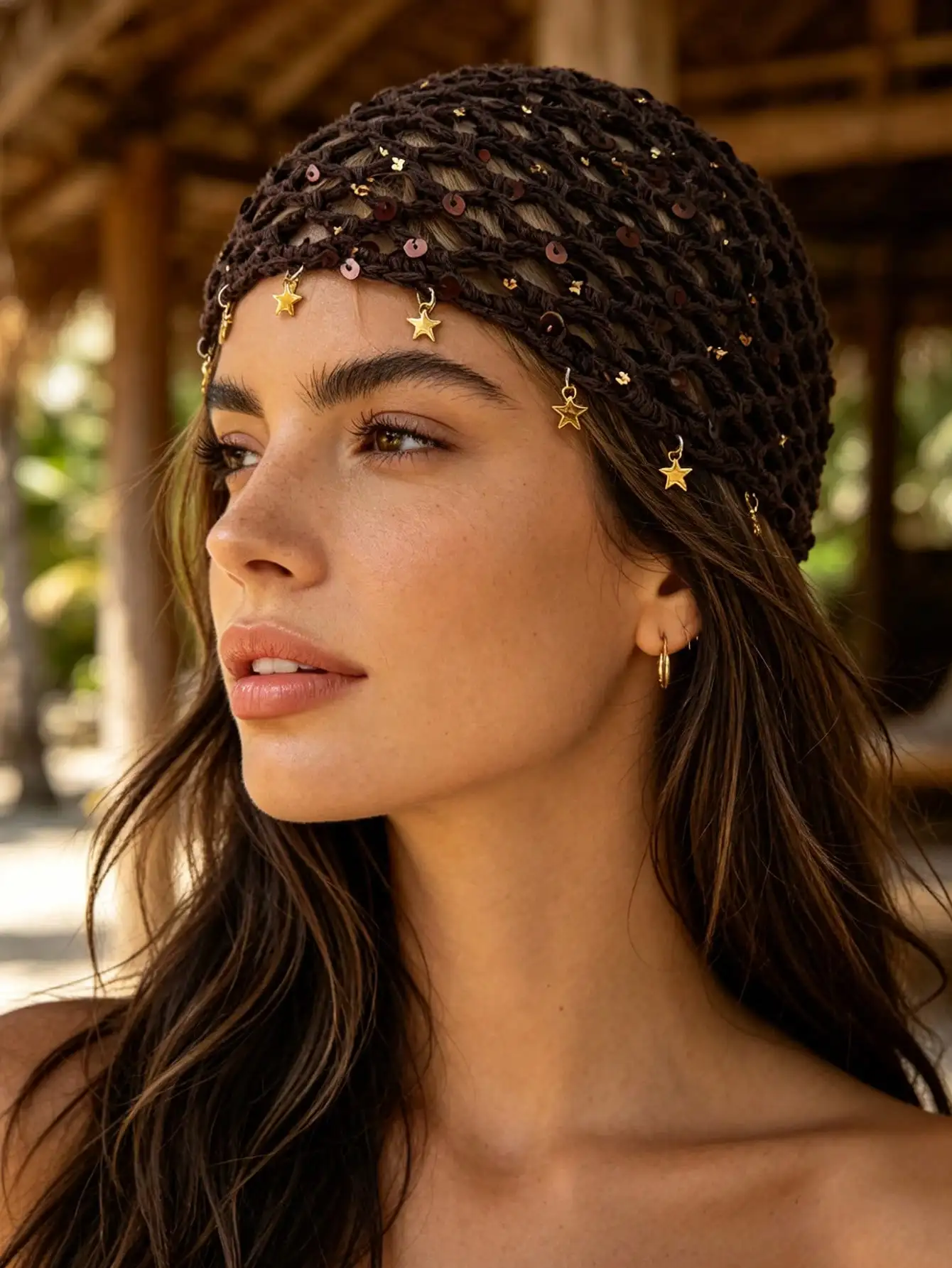 1pc Bohemian Style Hollow Out Sequin Knit Beanie With Star Pendant, Multi-Color Vacation/Street Style Fashion Headwear