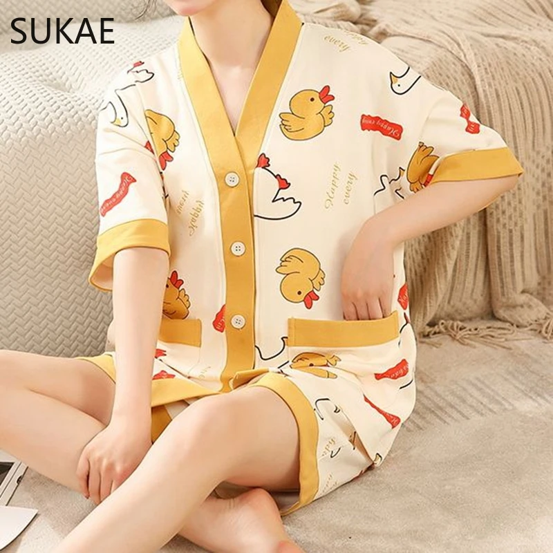 SUKAE M-5XL Summer Women Sleepwear Casual Cotton Woman\'s Pajama Set Kimono Style Cardigan Nightwear Leisure Girl Kawaii Clothes