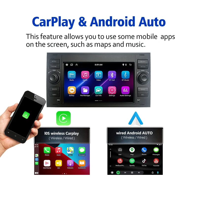 Wireless Carplay Stereo Android Auto Radio Multimedia Player GPS Navigation For Ford Focus Kuga Fiesta Mondeo 4 C-Max Car Radio